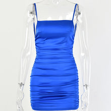 Charger l'image dans la galerie, Articat Spaghetti Strap Mini Satin Dress Women Sexy Backless Cross Bandage Bodycon Party Dress Pleated Stretch Short Club Dress