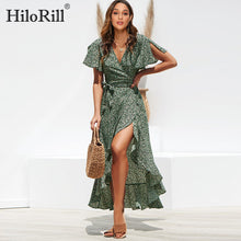 Charger l'image dans la galerie, Summer Beach Maxi Dress Women Floral Print Boho Long Chiffon Dress Ruffles Wrap Casual V-Neck Split Sexy Party Dress Robe Femme