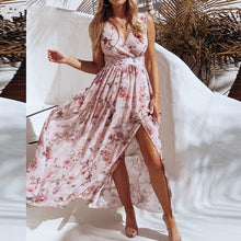 Charger l'image dans la galerie, NEDEINS Women V Neck Split Dress Floral Print Long Summer Spaghetti Strap Party Pink Chiffon Elegant Casual Maxi Dresses Beach