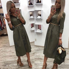 Charger l'image dans la galerie, Women Casual Sashes a Line Party Dress Ladies Button Turn Down Collar OL Style Shirt Dress 2019 Summer Solid Knee Dress