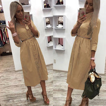 Charger l'image dans la galerie, Women Casual Sashes a Line Party Dress Ladies Button Turn Down Collar OL Style Shirt Dress 2019 Summer Solid Knee Dress