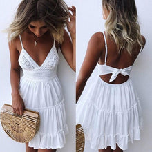 Charger l'image dans la galerie, Vestido de verano Boho mujeres Sexy Strappy encaje blanco Mini Vestidos Mujer damas playa cuello en V fiesta vestido de verano negro amarillo rosa