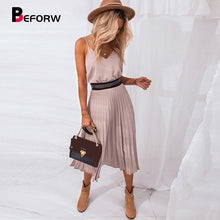 Charger l'image dans la galerie, BEFORW 2020 Women Summer Sexy V-Neck Party Dress Elegant Spaghetti Strap Female Pleated Office Dresses Female Pink Midi Dress
