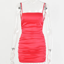 Charger l'image dans la galerie, Articat Spaghetti Strap Mini Satin Dress Women Sexy Backless Cross Bandage Bodycon Party Dress Pleated Stretch Short Club Dress
