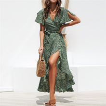 Charger l'image dans la galerie, Summer Beach Maxi Dress Women Floral Print Boho Long Chiffon Dress Ruffles Wrap Casual V-Neck Split Sexy Party Dress Robe Femme
