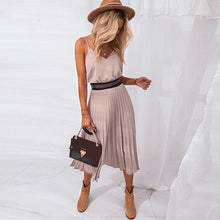 Charger l'image dans la galerie, BEFORW 2020 Women Summer Sexy V-Neck Party Dress Elegant Spaghetti Strap Female Pleated Office Dresses Female Pink Midi Dress
