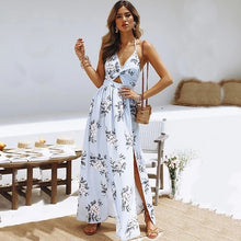 Charger l'image dans la galerie, NEDEINS Women V Neck Split Dress Floral Print Long  Summer Spaghetti Strap Party Pink Chiffon Elegant Casual Maxi Dresses Beach
