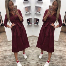 Charger l'image dans la galerie, Women Casual Sashes a Line Party Dress Ladies Button Turn Down Collar OL Style Shirt Dress 2019 Summer Solid Knee Dress
